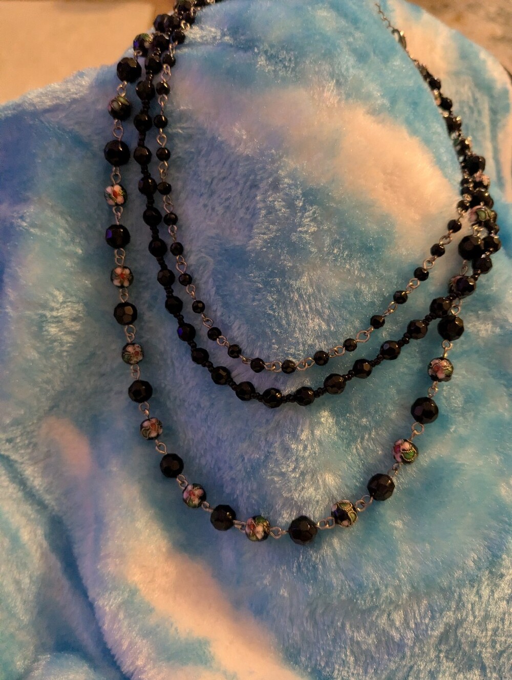 Vintage Multi-Strand Black Glass Beaded Women's Necklace with Floral Accent